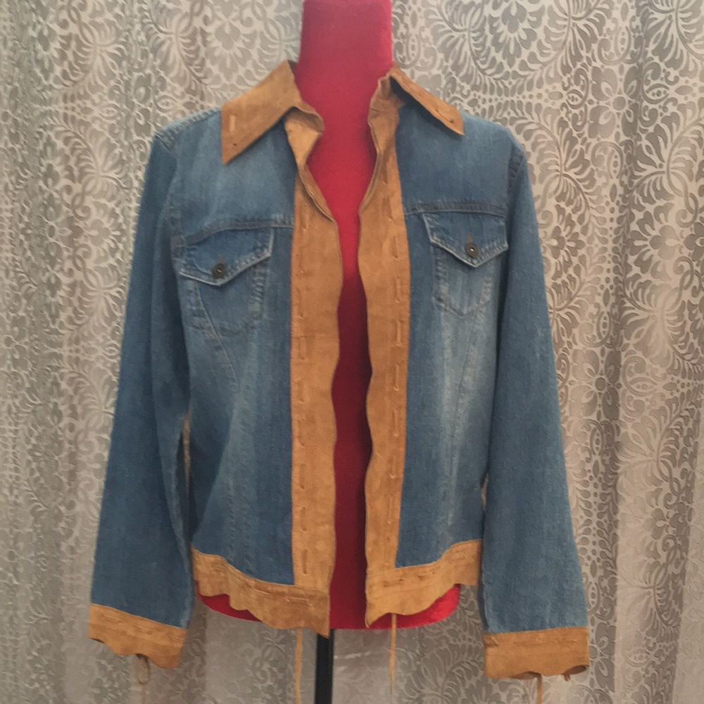 Brandon Thomas lightweight denim jacket with cutouts, suede cuffs & trim size M